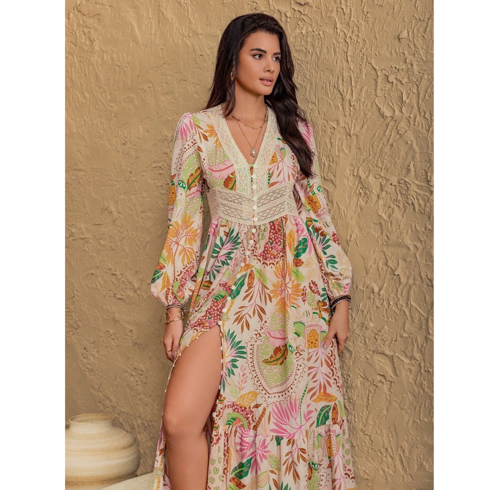 Floral Pink Bohemian Maxi Dress Lace V-Neck Long Sleeve Ruffle Hem Flowy - Picture 8 of 9